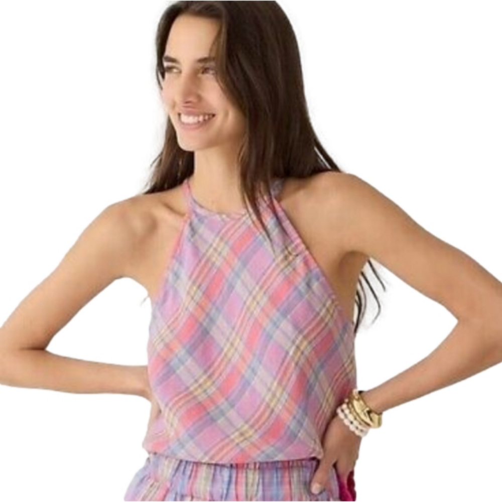J. Crew Amber Linen Top Tank In Sunset Plaid Keyhole back Halter Look Size XS